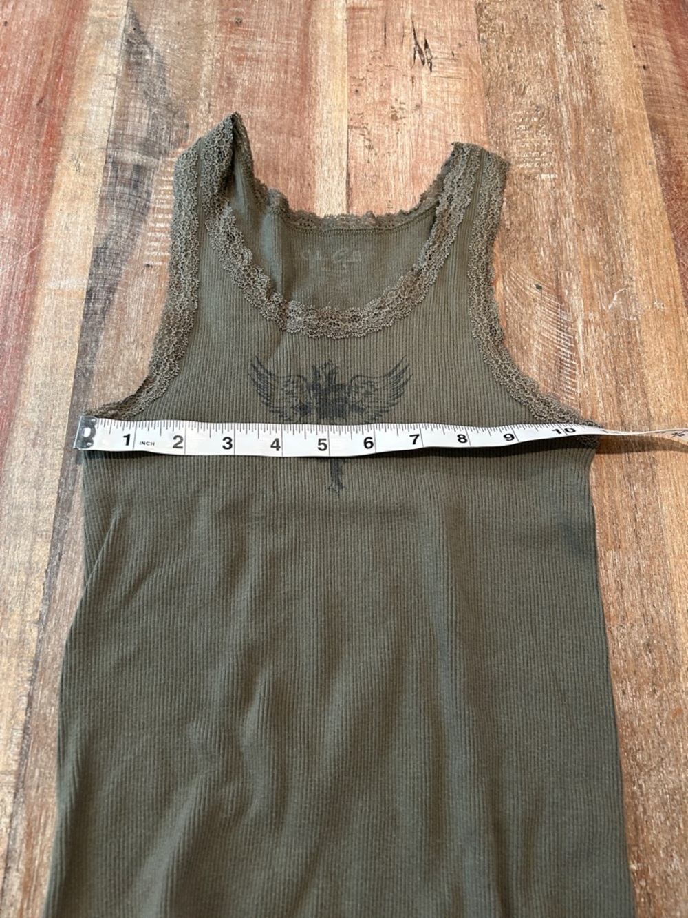 Brandy Melville Olive Lace-Trim Ribbed Tank with Black Wing Graphic - Picture 4 of 5
